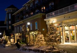 a christmas tree in front of a building at night at Allegheny Springs in Snowshoe
