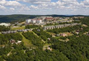 an aerial view of a city with buildings and trees at Inn at Snowshoe in Snowshoe