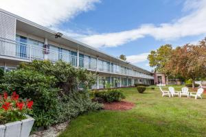 an exterior view of a building with chairs and flowers at Howard Johnson by Wyndham Albany in Albany