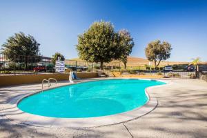 a swimming pool in the middle of a yard with trees at Super 8 by Wyndham Vacaville in Vacaville