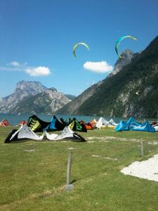 a bunch of kites in a field next to the water at Steinkogler Ferienwohnungen in Ebensee