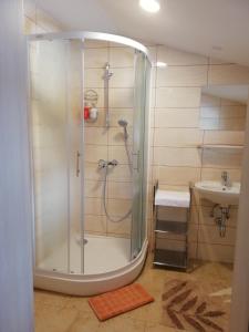 a bathroom with a shower and a sink at Rooms-Apartments Stojanovič in Bled