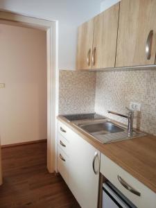 a kitchen with a sink, stove, and cabinets at Rooms-Apartments Stojanovič in Bled