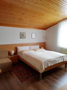 a bedroom with a bed and a chair at Rooms-Apartments Stojanovič in Bled