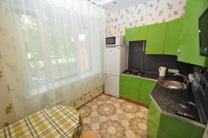 モスクワにあるApartment on Serpuhovskayaのキッチン(緑のキャビネット、白い冷蔵庫付)
