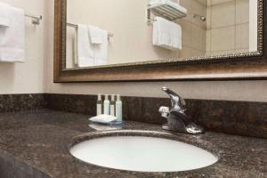 a bathroom sink with a toothbrush holder on top of it at Travelodge by Wyndham Meadow Lake in Meadow Lake