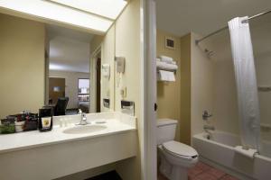 a bathroom with a sink and a toilet and a mirror at Super 8 by Wyndham Calhoun in Calhoun +22 photos