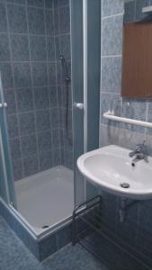 La salle de bains est pourvue d'une douche et d'un lavabo. dans l'établissement Aparman Čakanka, à Donovaly