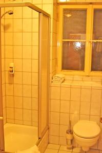 a bathroom with a toilet and a shower and a window at Gasthof zum Kauzen in Ochsenfurt