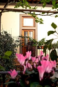 um grupo de flores cor-de-rosa em frente a uma janela em Faenza Novella em Florença