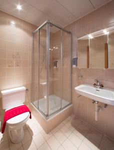 ein Bad mit einer Dusche, einem WC und einem Waschbecken in der Unterkunft Hôtel du Port - Free Parking - Breakfast included in Estavayer-le-Lac