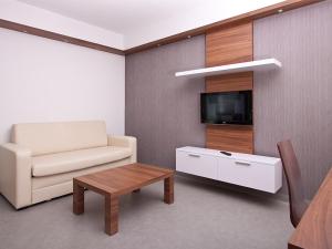 - un salon avec un canapé, une table et une télévision dans l'établissement Sanatorium Równica, à Ustroń