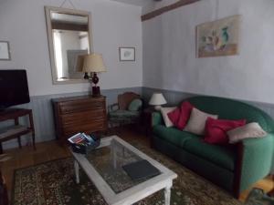 sala de estar con sofá verde y mesa de centro en Gîte de la Tour Donjon, en Belcastel