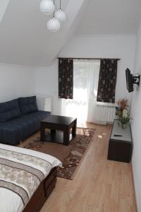 トラスコヴェッツにあるApartments on Drohobytska 6bのベッドルーム1室(ベッド1台、ソファ、テーブル付)