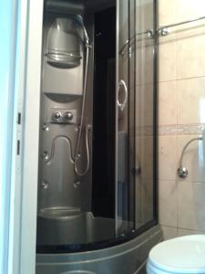 a shower in a bathroom with a glass door at Csaki Vendeghaz in Sovata