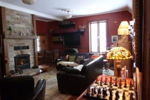 a living room with a couch and a fireplace at Vieille École du Rang 3 in Saint-Henri-de-Taillon