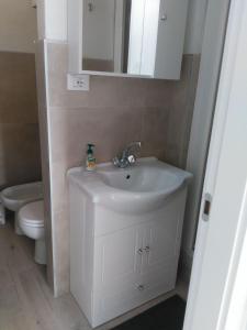 Sciare comodi في باسو ديل تونالي: حمام مع حوض أبيض ومرحاض