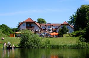 duży dom siedzący na brzegu jeziora w obiekcie Hotel Heidekrug w mieście Grünplan