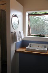 a bathroom with a sink and a mirror and a window at Martinborough Motel in Martinborough 