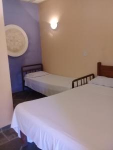 two beds in a room with purple walls at Hospedagem Majestade in Paraty