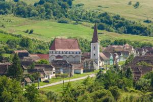 a small village with a church and a hill at Dominic Boutique - Gardener's Cottage in Cloaşterf