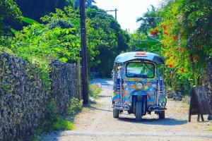 a blue truck driving down a dirt road at Taketomijima Akaneya in Taketomi