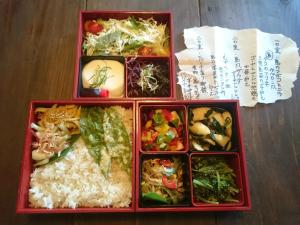 four containers of food with rice and vegetables at Taketomijima Akaneya in Taketomi