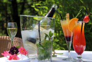 a table with three glasses of drinks on it at Nigloland Hôtels in Dolancourt +14 photos