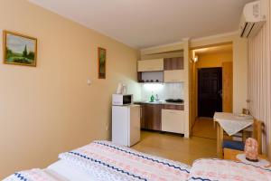 a small room with a kitchen and a table at Alíz Vendégház in Békéscsaba