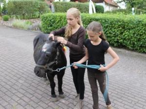 two young girls holding a small cow on a leash at Holiday Home in Germany with Garden Terrace in Bredenborn