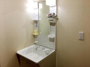 a bathroom with a sink and a mirror at Osaka Tengachaya Guesthouse SAYURI II in Osaka