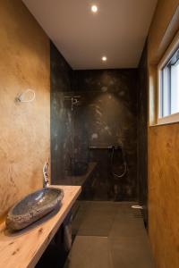 a bathroom with a stone sink and a shower at das Ferienhaus Auszeit in Kranenburg