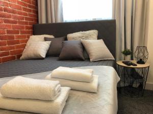 キェルツェにあるFamily & Business Sauna Apartments Rynek Centrum Downtown - 2 Bedroom with Private Sauna, Balcony, Parkingのベッド(上に白い枕付)