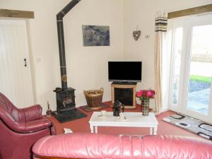 a living room with a couch and a wood stove at Y Bwythyn at Henfaes in Rhydymain