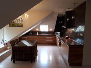 a large kitchen with a table and a counter top at Útulný apartmán v Bratislava 15 in Bratislava