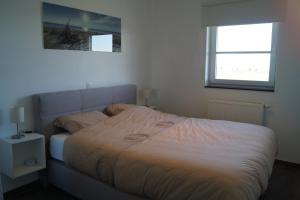 a bedroom with a bed and a window at Villa Jalina Sailors Beach in Nieuwpoort