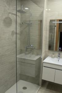 a bathroom with a shower and a sink at Atlantico Flat Douro in Porto