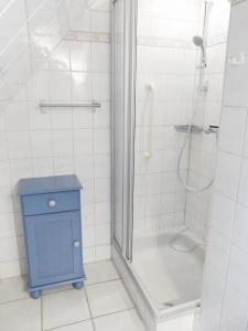 a bathroom with a blue cabinet and a shower at Hüs Sanskiin Ferienwohnung *Goodshenk* in Süddorf