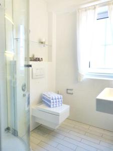uma casa de banho com um chuveiro, um WC e um lavatório. em *Südspitze 10 mit Meerblick* em Wittdün