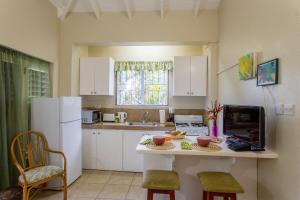 a kitchen with a white refrigerator and a table at smithy's eco-apartment in Morne Jaloux Ridge