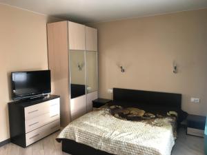 a bedroom with a bed and a dresser and a tv at Studio on Kolpakova 41 in Mytishchi