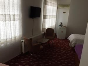 ein Hotelzimmer mit 2 Stühlen, einem Bett und einem TV in der Unterkunft Hotel Birkent in Diyarbakır