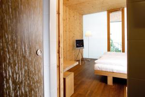 1 dormitorio con 1 cama y TV en Hörger Biohotel und Tafernwirtschaft en Kranzberg