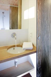 een badkamer met een wastafel en een spiegel bij Hörger Biohotel und Tafernwirtschaft in Kranzberg