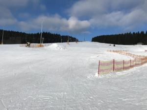 a snow covered slope with an orange fence on it at Gasthof 'Zum Reifberg' in Stützerbach