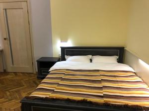 een slaapkamer met een bed met een gestreepte deken erop bij Apartment on Khorvatska Street in Lviv