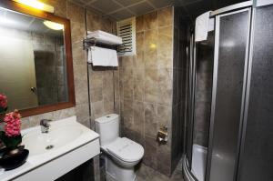 y baño con aseo, lavabo y ducha. en Hotel Helen Park, en Canakkale