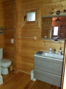 La salle de bains est pourvue d'un lavabo et de toilettes. dans l'établissement Le Chalet de Valentine & Laurent, à Olmiccia