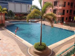 a man in a swimming pool with a palm tree at Marina Condominium Holiday Homestay in Kota Kinabalu +18 photos