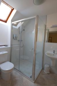 a bathroom with a shower and a toilet and a sink at Bracarina House Bed & Breakfast & Caledonian Studio in Invermoriston